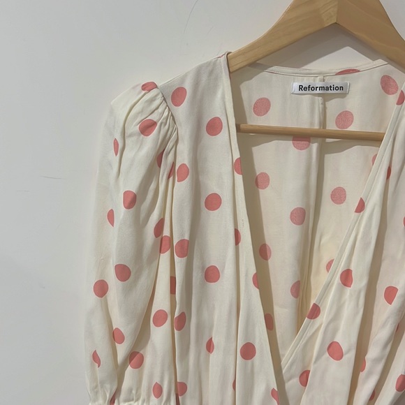 NEW • Reformation • Olince Andie Mini Wrap Dress V Neck Polka Dot White Pink Sm - Picture 5 of 6